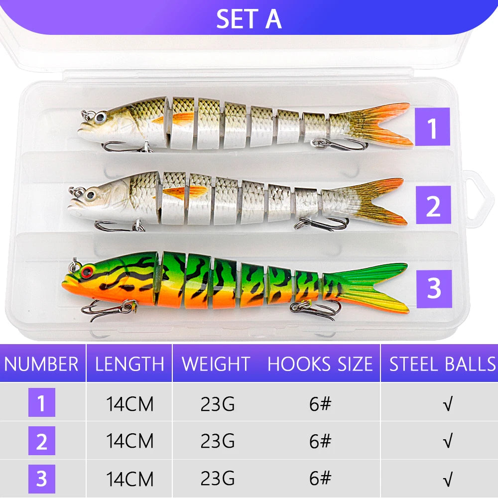 VTAVTA 3pcs Wobblers Pike Fishing Lures Set Bionic Minnow Jointed Artificial Hard Bait Fishing Tackle Swimbait Lure Kit With Box