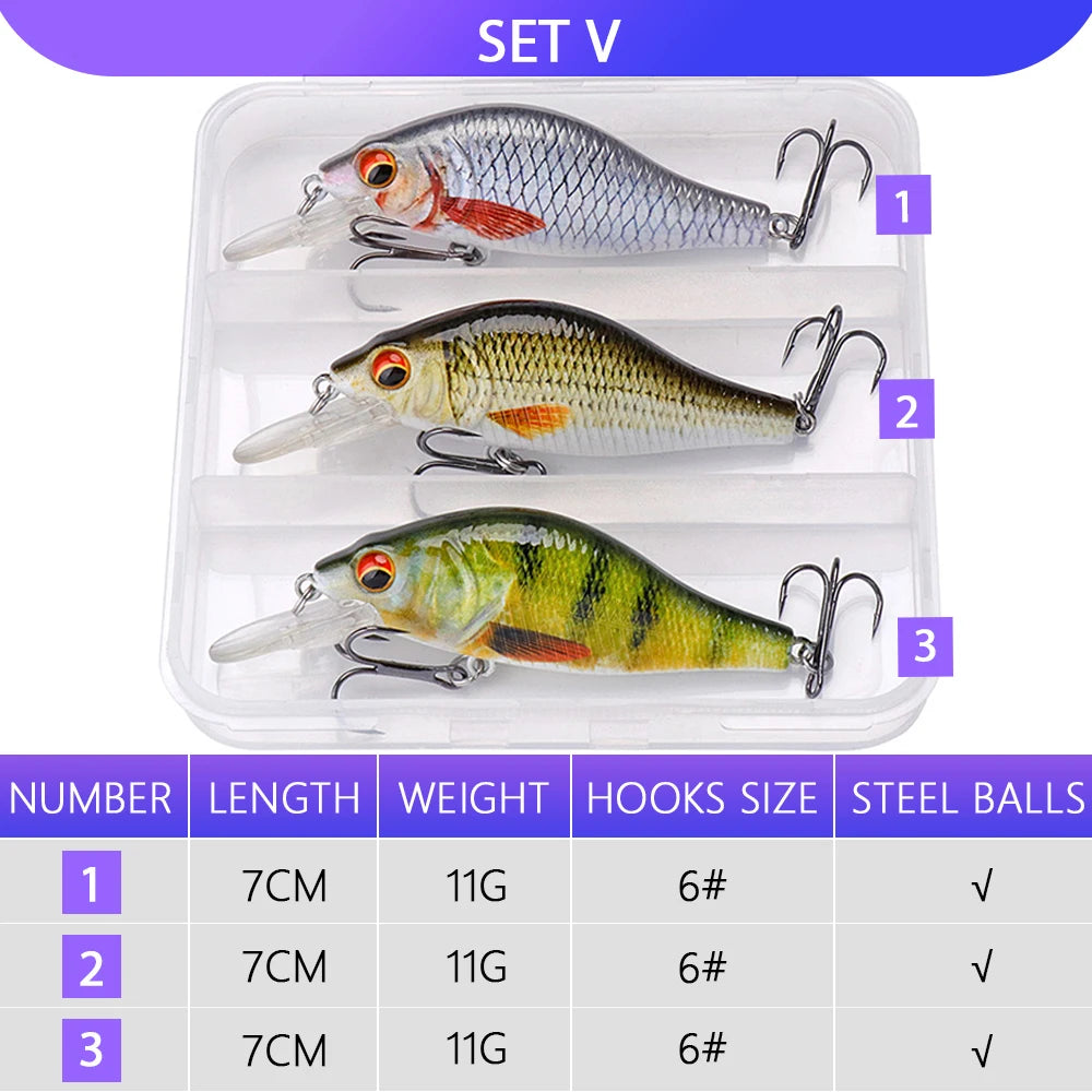 VTAVTA 3pcs Wobblers Pike Fishing Lures Set Bionic Minnow Jointed Artificial Hard Bait Fishing Tackle Swimbait Lure Kit With Box