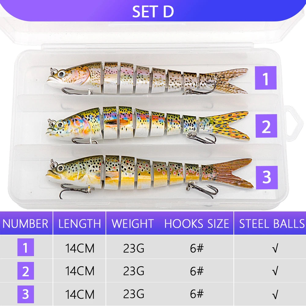 VTAVTA 3pcs Wobblers Pike Fishing Lures Set Bionic Minnow Jointed Artificial Hard Bait Fishing Tackle Swimbait Lure Kit With Box