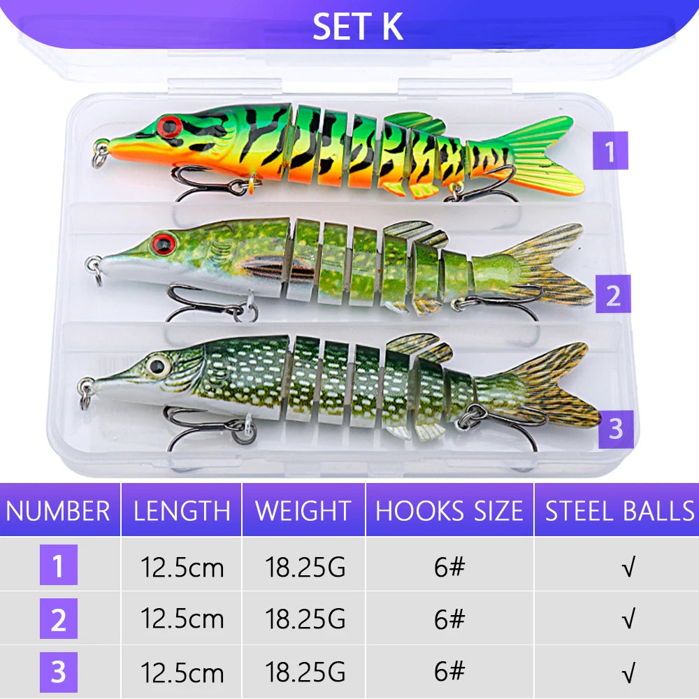 VTAVTA 3pcs Wobblers Pike Fishing Lures Set Bionic Minnow Jointed Artificial Hard Bait Fishing Tackle Swimbait Lure Kit With Box