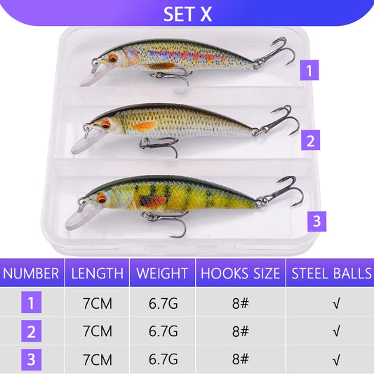 VTAVTA 3pcs Wobblers Pike Fishing Lures Set Bionic Minnow Jointed Artificial Hard Bait Fishing Tackle Swimbait Lure Kit With Box