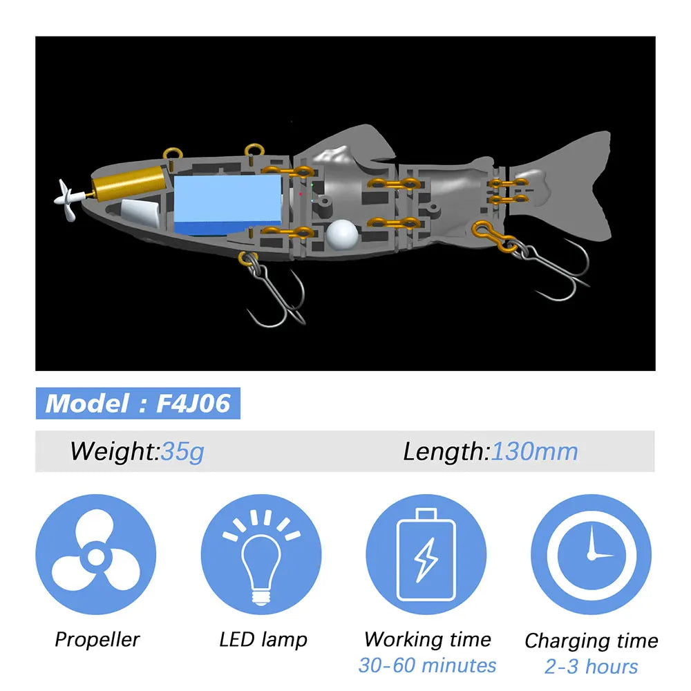 Electric RoboSwim 4-Segment Crankbait – Flashing LED, Lifelike Action, Rechargeable Fishing Lure